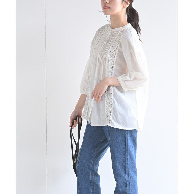 ピンタックレースバンドカラー7分袖ブラウス[品番：RPSW0000226
