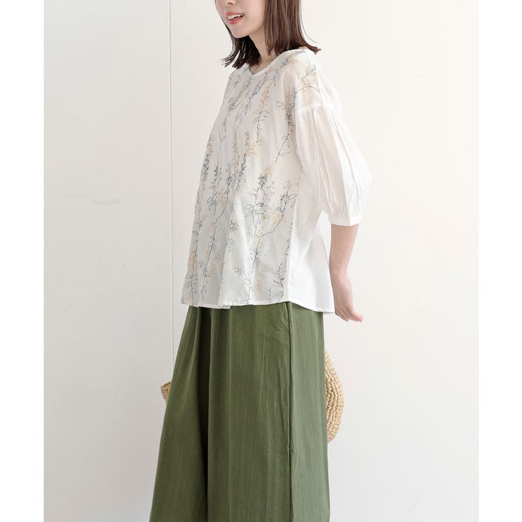フラワーリーフ刺繍7分袖ブラウス[品番：RPSW0001590]｜rps