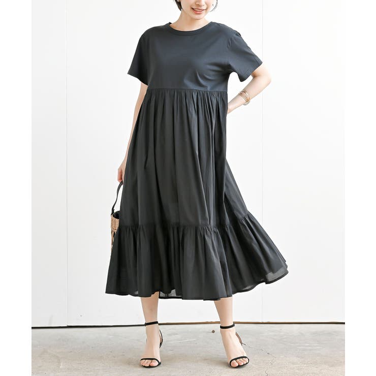 ブラック | カット×布帛切替ティアードワンピース | rps