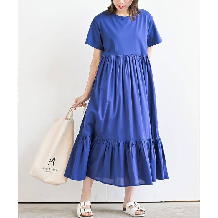 ブルー | カット×布帛切替ティアードワンピース | rps