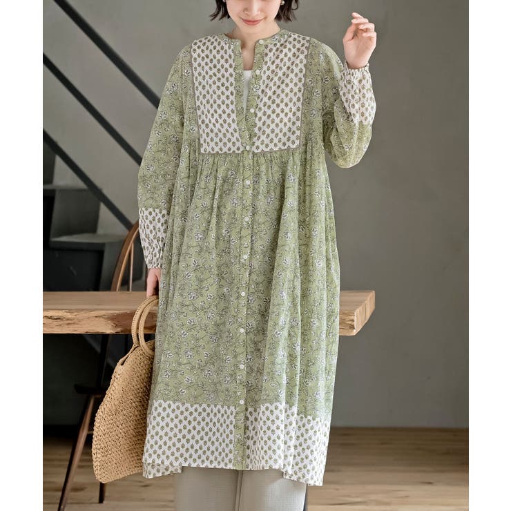 プリント切替7分袖前開きワンピース[品番：RPSW0003662]｜rps