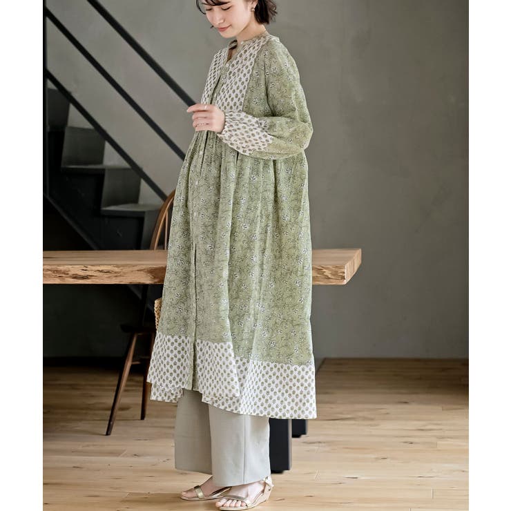 【本日売り切り価額】【新品】ワンピース プリント切替7分袖前開きワンピース[品番：RPSW0003662]｜rps