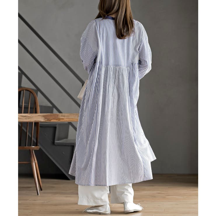 ストライプパターン切替７分袖シャツワンピース | rps | 詳細画像13 