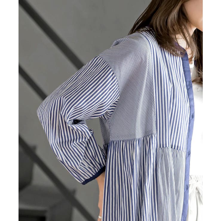 ストライプパターン切替７分袖シャツワンピース | rps | 詳細画像15 