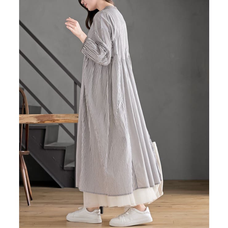 ストライプパターン切替７分袖シャツワンピース | rps | 詳細画像3 
