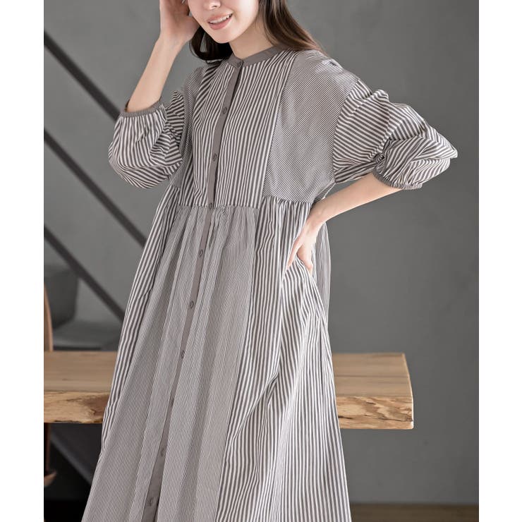 ストライプパターン切替７分袖シャツワンピース | rps | 詳細画像7 