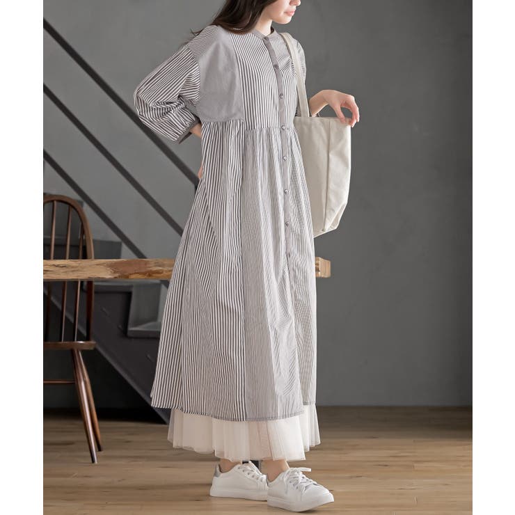 ブラウン | ストライプパターン切替７分袖シャツワンピース | rps