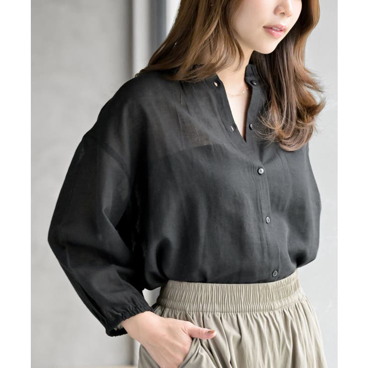 フリルネック７分袖綿麻ブラウス | rps | 詳細画像1 