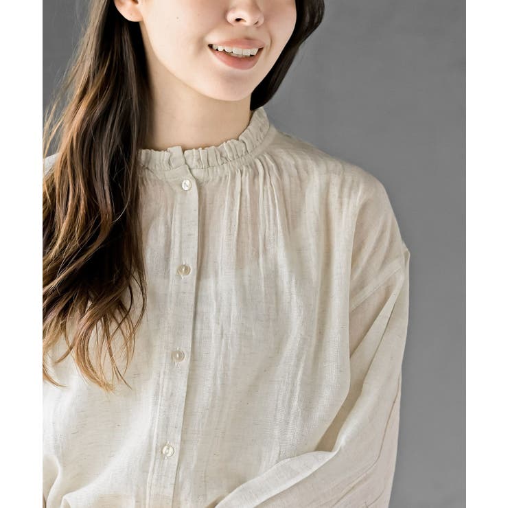 フリルネック７分袖綿麻ブラウス | rps | 詳細画像16 