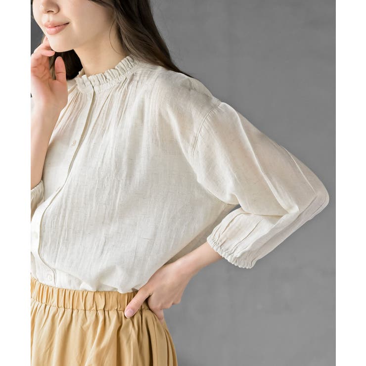 フリルネック７分袖綿麻ブラウス | rps | 詳細画像17 