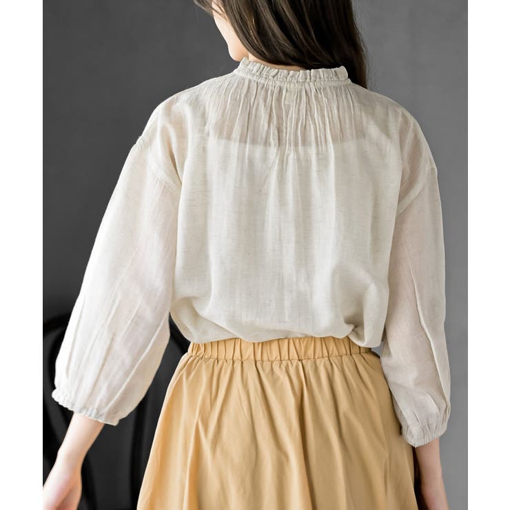 フリルネック７分袖綿麻ブラウス | rps | 詳細画像18 