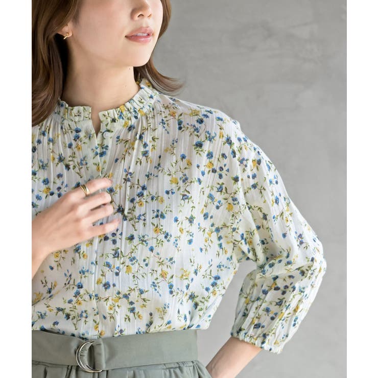 フリルネック７分袖綿麻ブラウス | rps | 詳細画像24 