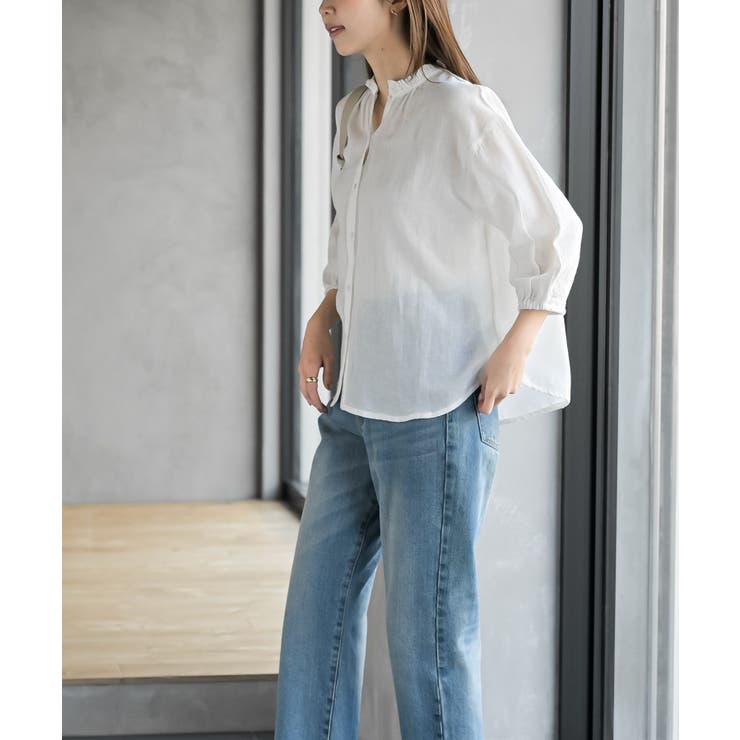 フリルネック７分袖綿麻ブラウス | rps | 詳細画像3 