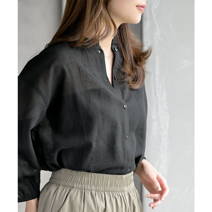 フリルネック７分袖綿麻ブラウス | rps | 詳細画像33 