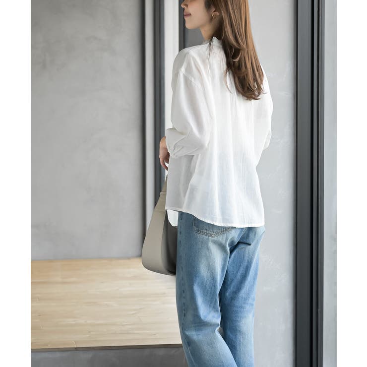 フリルネック７分袖綿麻ブラウス | rps | 詳細画像4 