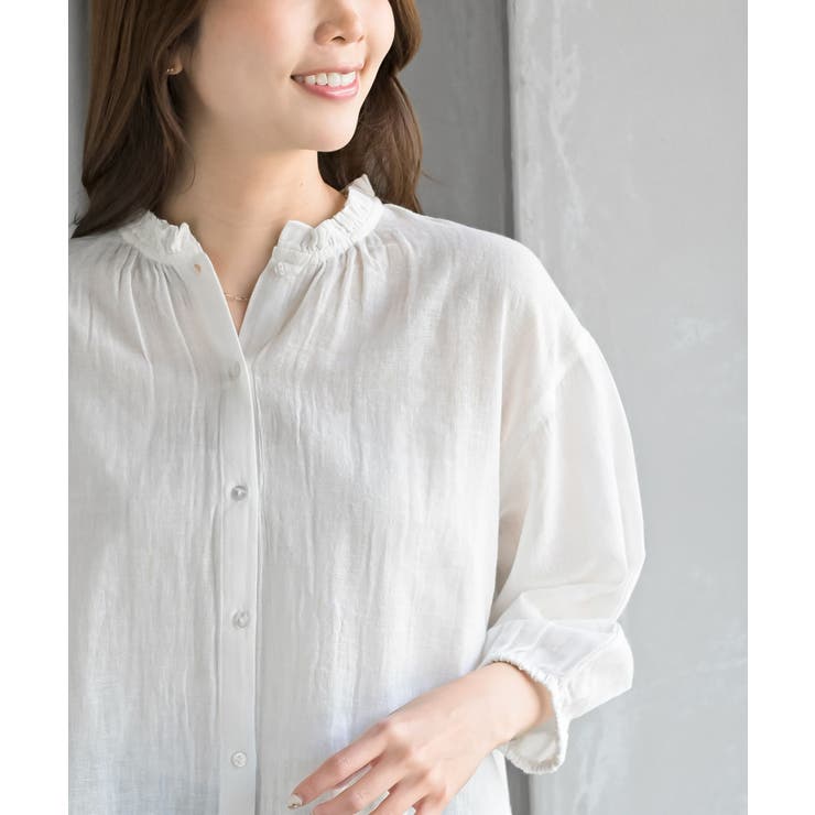 フリルネック７分袖綿麻ブラウス | rps | 詳細画像6 