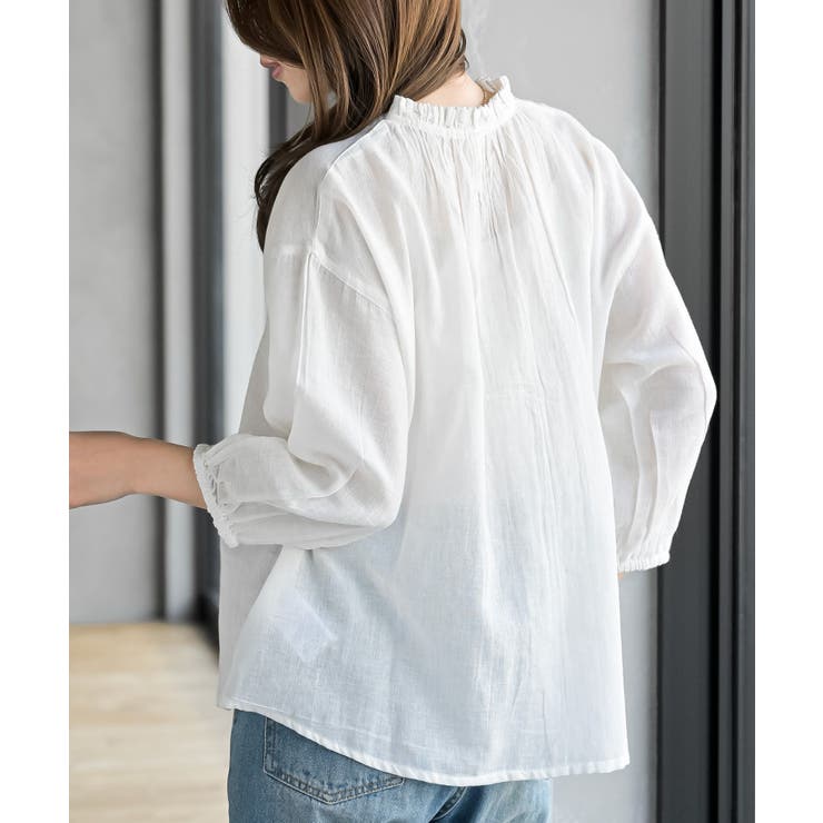 フリルネック７分袖綿麻ブラウス | rps | 詳細画像8 