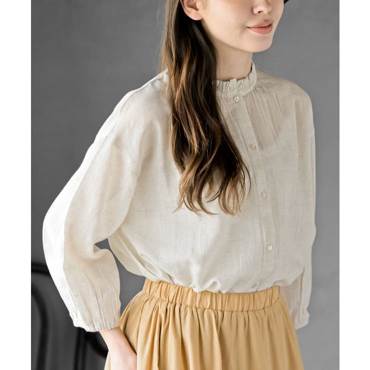 アイボリー | フリルネック７分袖綿麻ブラウス | rps