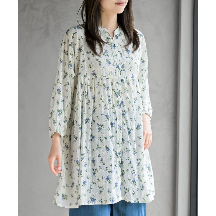 オフホワイト | 刺繍×花柄プリント７分袖シャツワンピース | rps