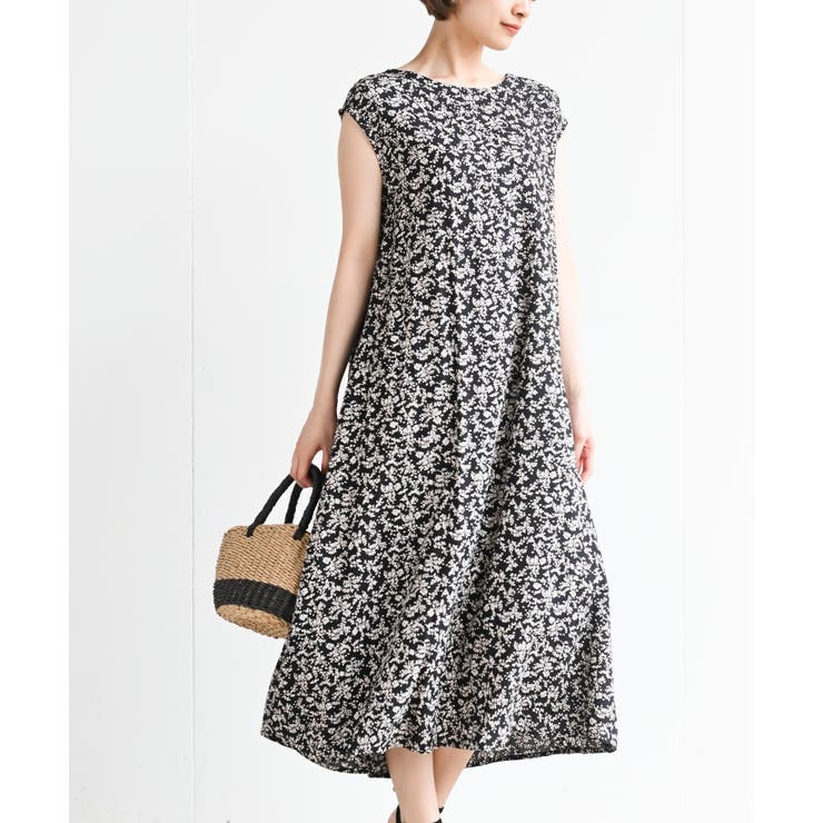 ブラック | フレンチスリーブプリントワンピース | rps