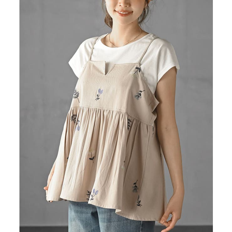 ベージュ | ＴシャツＳＥＴ花刺繍キャミソールアンサンブル | rps