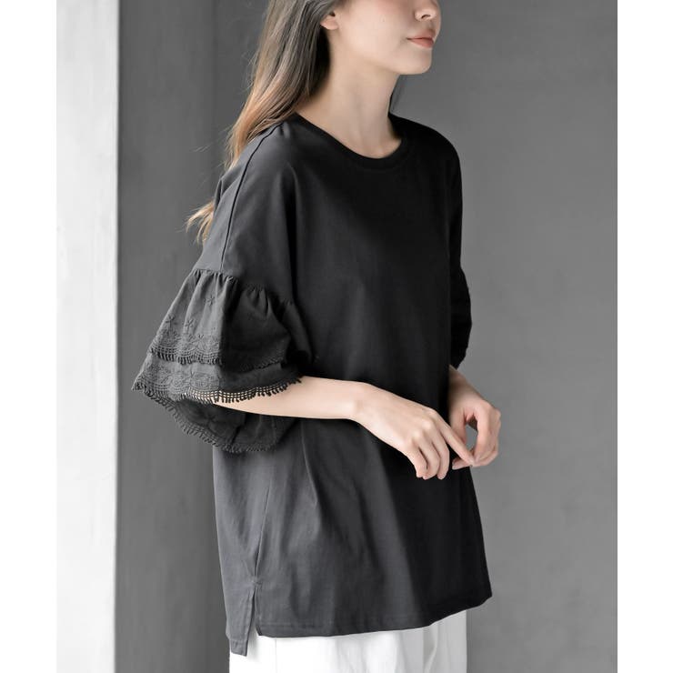 ブラック | 刺繍レーススリーブ切替カットＴ | rps