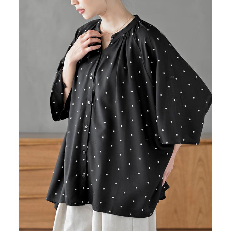 ブラック | バンドカラーレーヨンプリントドルマンブラウス | rps