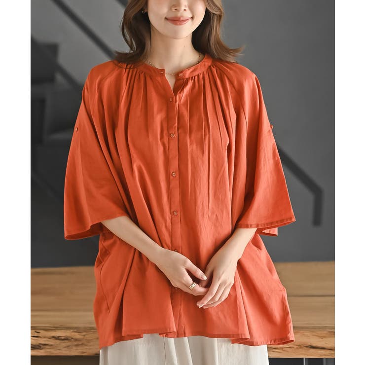 オレンジ | バンドカラーコットンドルマンブラウス | rps