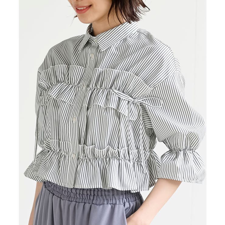 フリルリボン5分袖ブラウス[品番：RPSW0003809]｜rps（アールピーエス