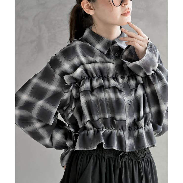 ブラック | フリルリボンチェックキャンディ袖ブラウス | rps
