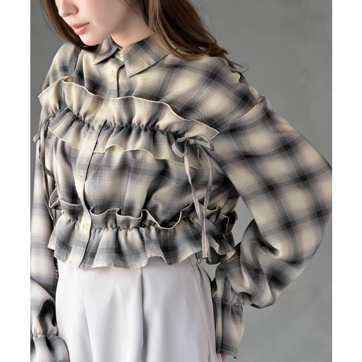 ベージュ | フリルリボンチェックキャンディ袖ブラウス | rps