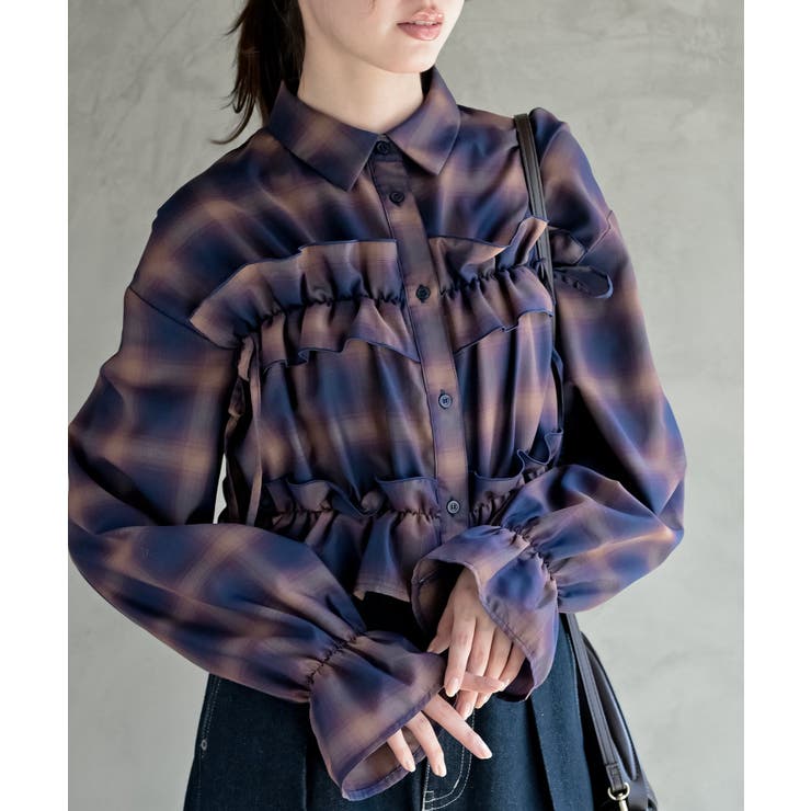 ネイビー | フリルリボンチェックキャンディ袖ブラウス | rps