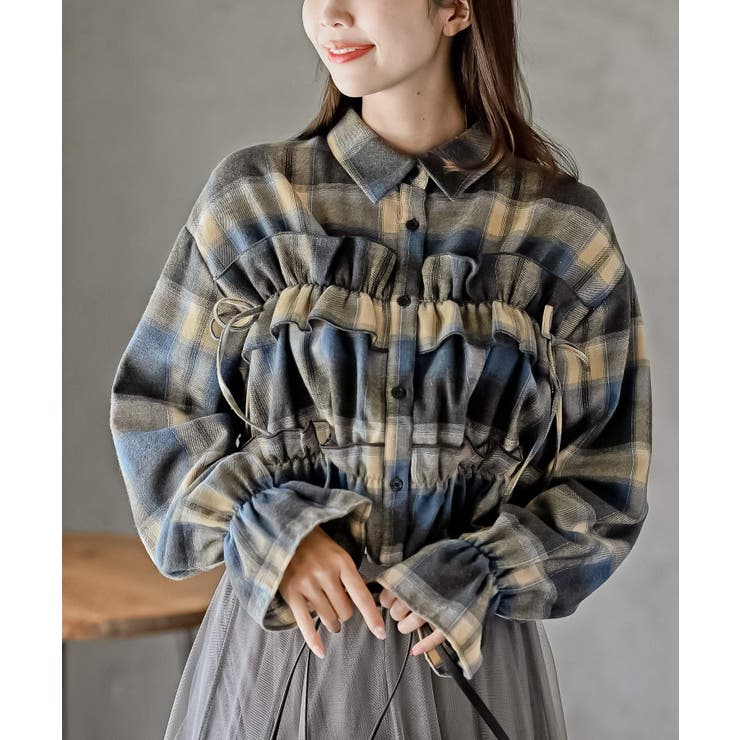 ブルー | 起毛チェックフリルシャツ | rps