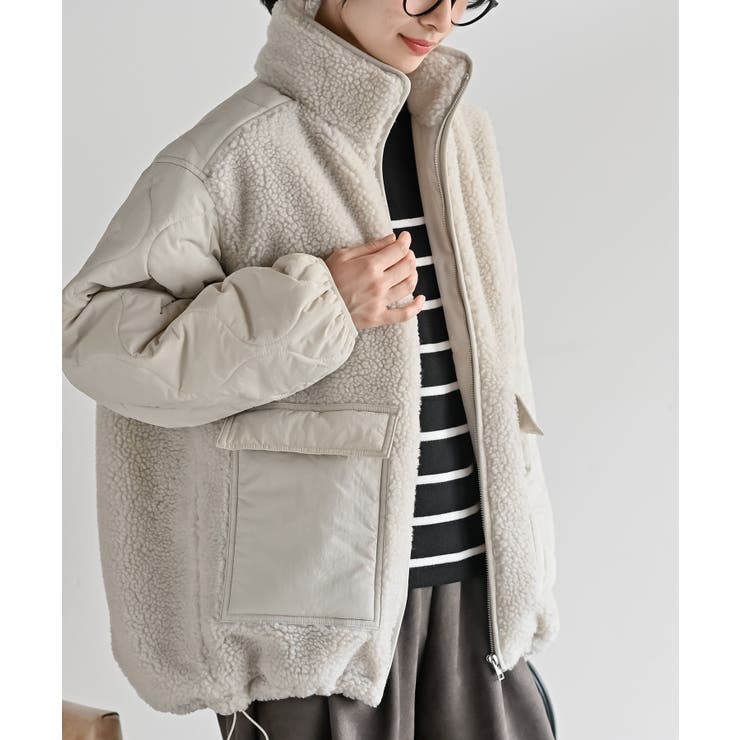 Lベージュ | スタンドボア切替キルトジャケット | rps