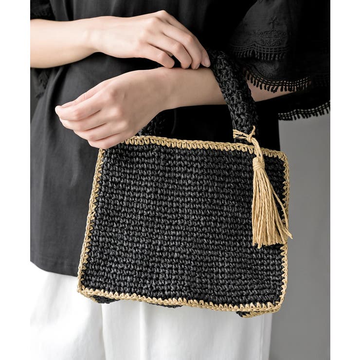 ブラック | タッセル付き縁取りペーパーカゴバッグ | rps