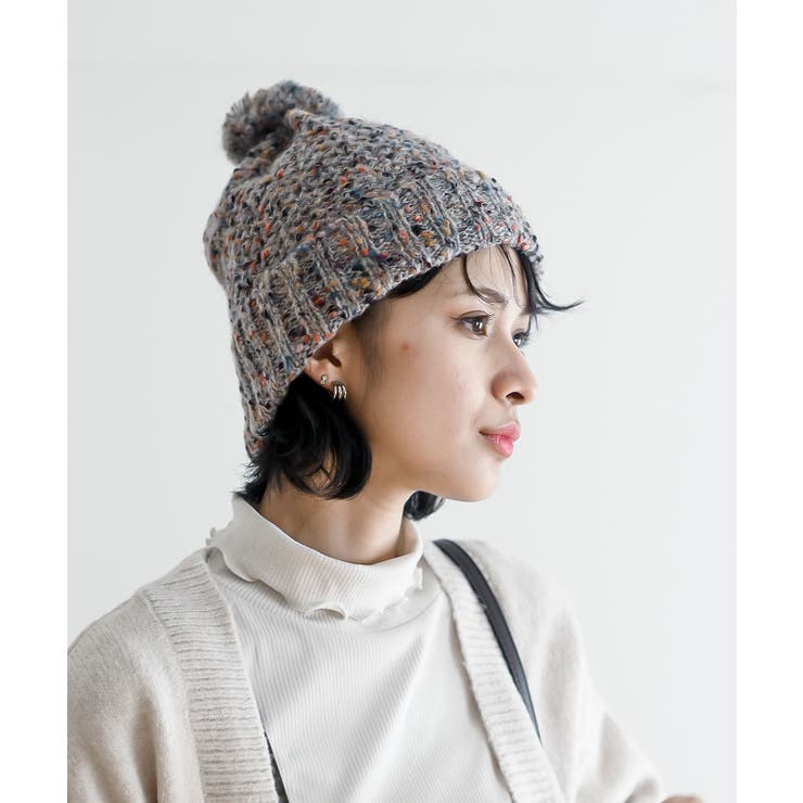 グレー | ポンポン付きカラーネップニット帽 | rps