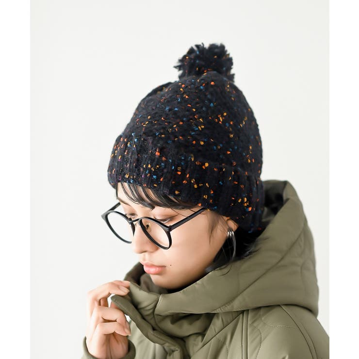 ブラック | ポンポン付きカラーネップニット帽 | rps