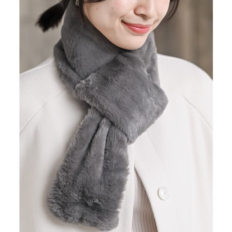 グレー | リブ編みニット×フェイクファーマフラー | rps