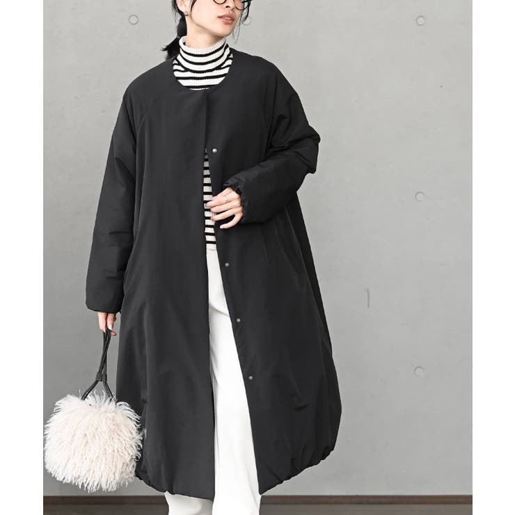 裾バルーン中綿ノーカラーロングコート[品番：RPSW0004239]｜rps