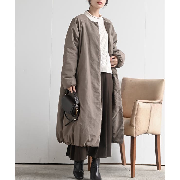 裾バルーン中綿ノーカラーロングコート[品番：RPSW0004239]｜rps