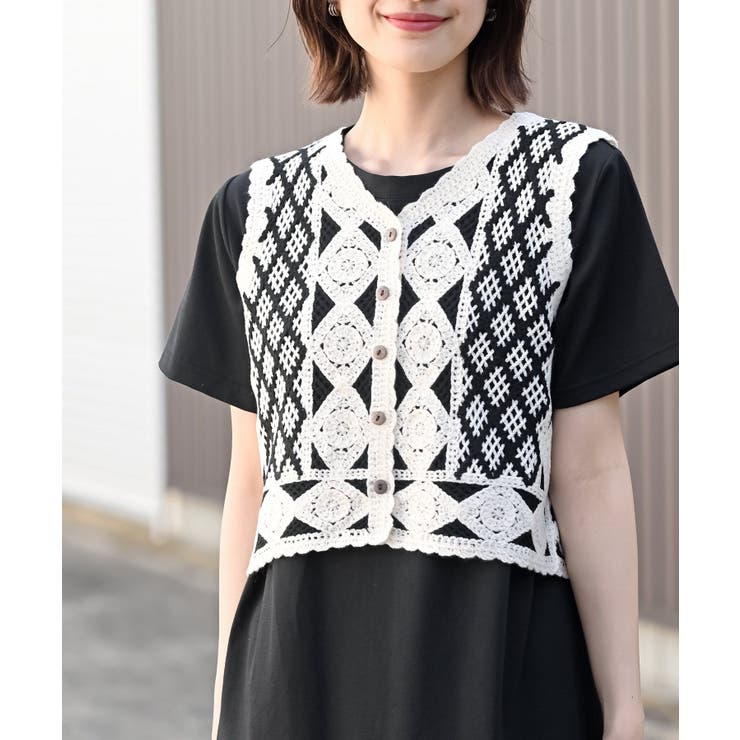 カギ針ベスト×Ｔシャツワンピースアンサンブル | rps | 詳細画像14 