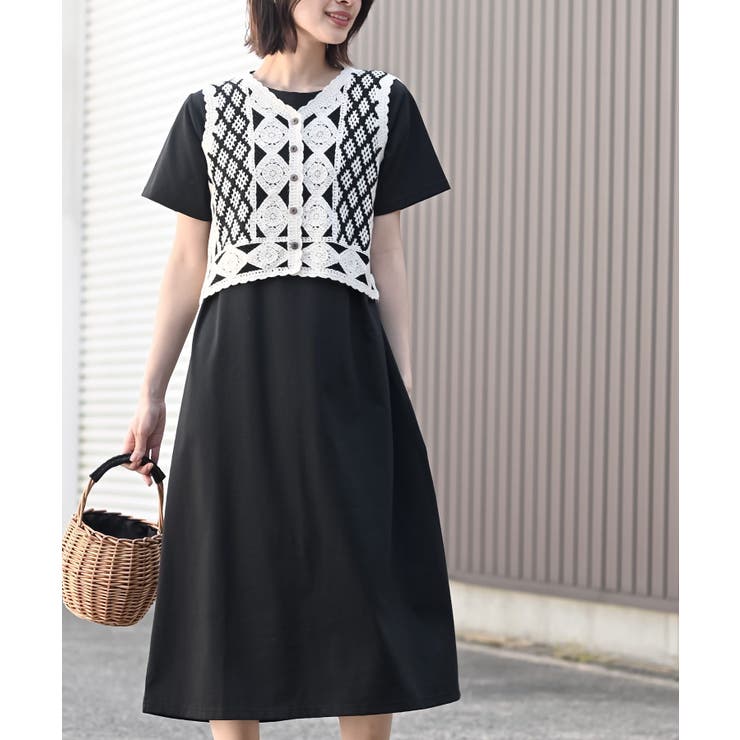 ブラック2 | カギ針ベスト×Ｔシャツワンピースアンサンブル | rps
