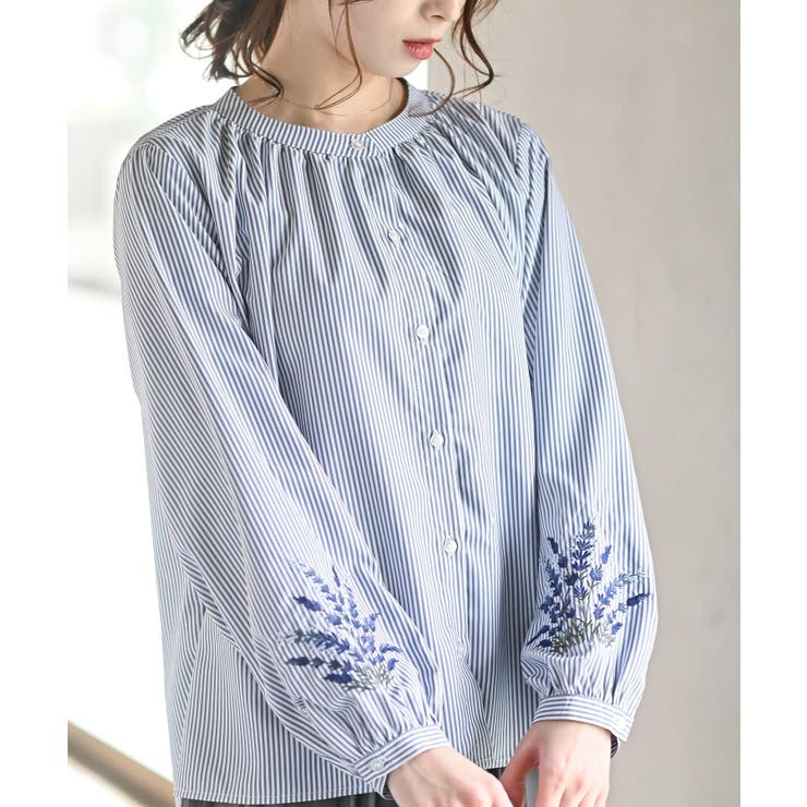 ストライプ | 刺繍スリーブバンドカラーブラウス | rps