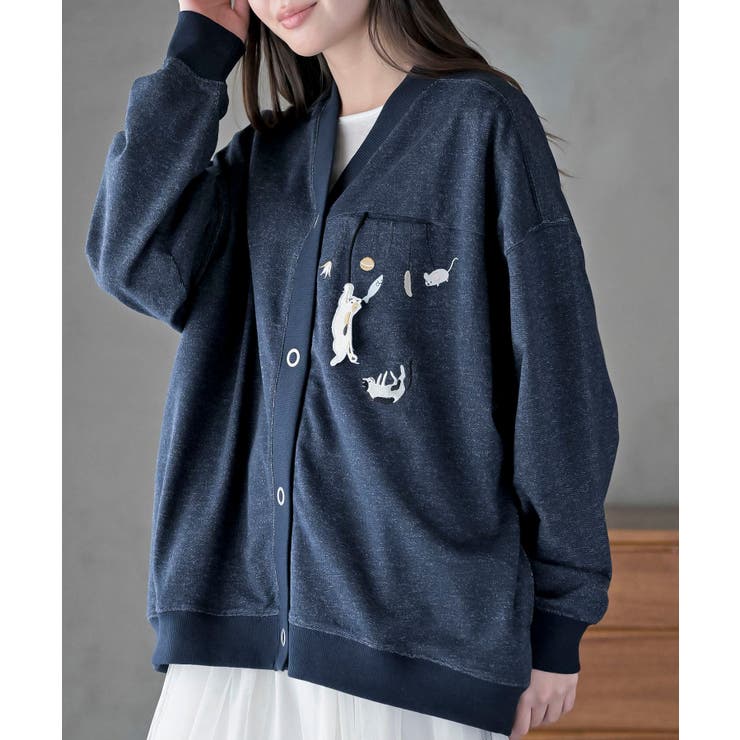 ネイビー | ブラブラキャットミニ裏毛Ｖネックカーディガン | rps