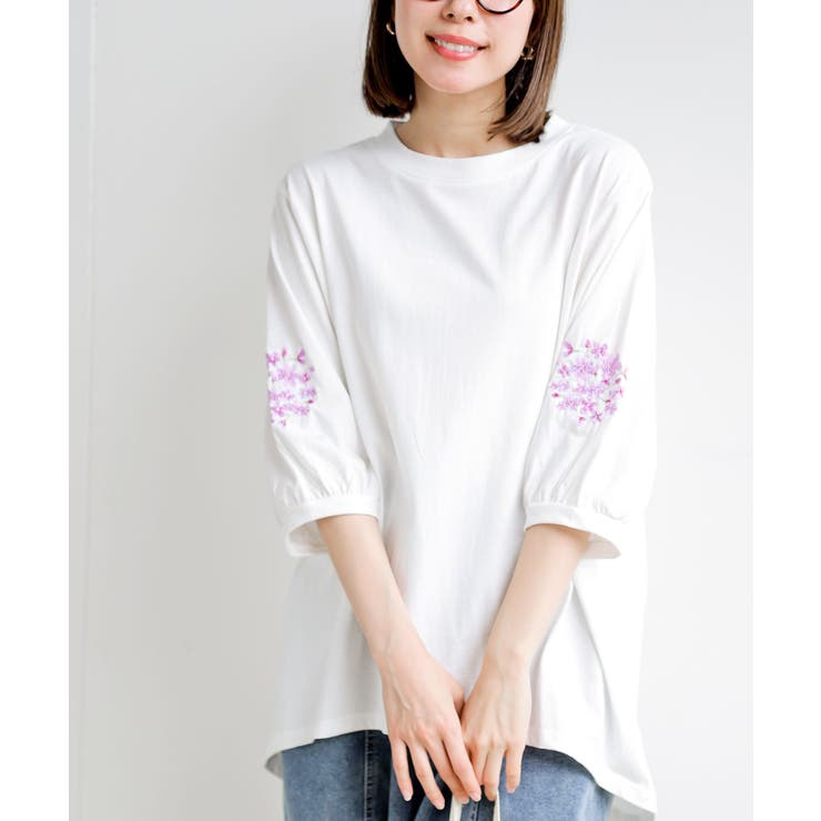 オフホワイト3 | 刺繍スリーブ７分袖カットプルオーバー | rps