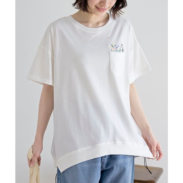 オフホワイト | フラワーキャット裾ドロストＴシャツ | rps