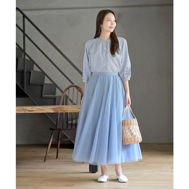 刺繍スリーブバンドカラー７分袖ブラウス | rps | 詳細画像10 