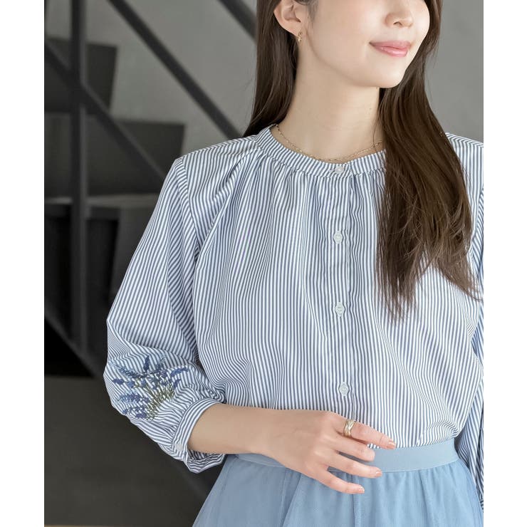 刺繍スリーブバンドカラー７分袖ブラウス | rps | 詳細画像17 