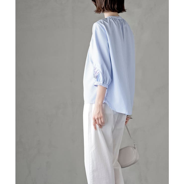 刺繍スリーブバンドカラー７分袖ブラウス | rps | 詳細画像19 