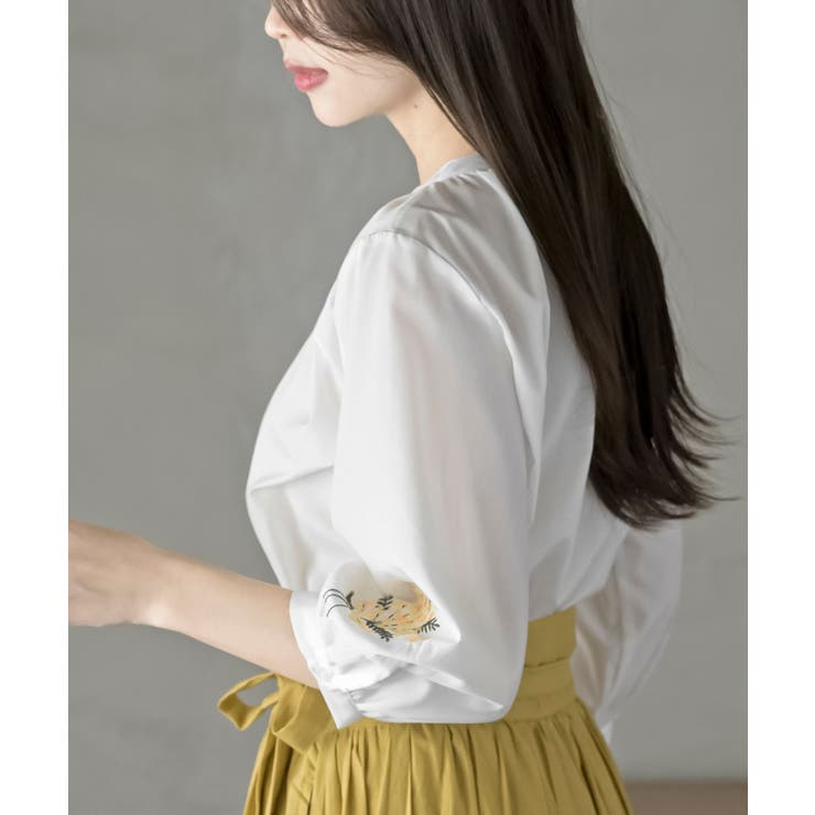 刺繍スリーブバンドカラー７分袖ブラウス | rps | 詳細画像7 